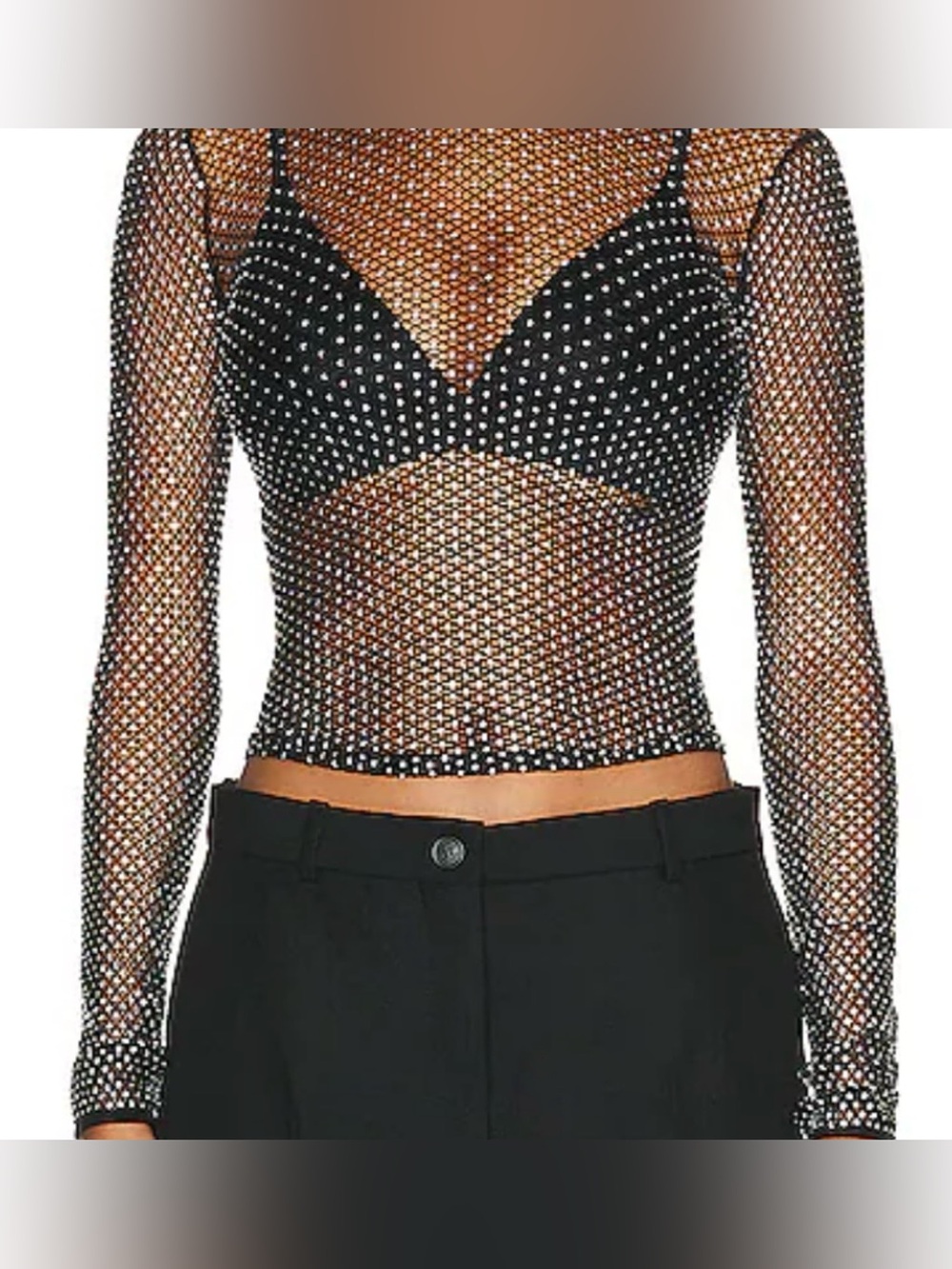 Black Rhinestone Fishnet Long-Sleeve Crop Top